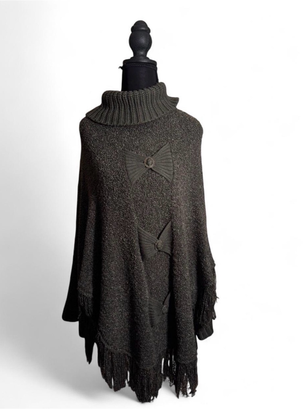 Turtleneck Fringe Bow-Accent Poncho Sweater in Olive